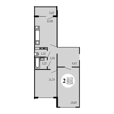 2 комнатная 62.64м²