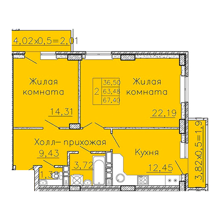 2 комнатная 67.4м²