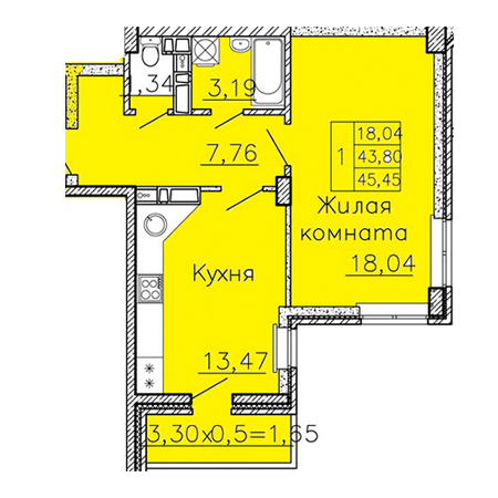 1 комнатная 45.45м²