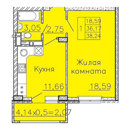 1 комнатная 38.24м²