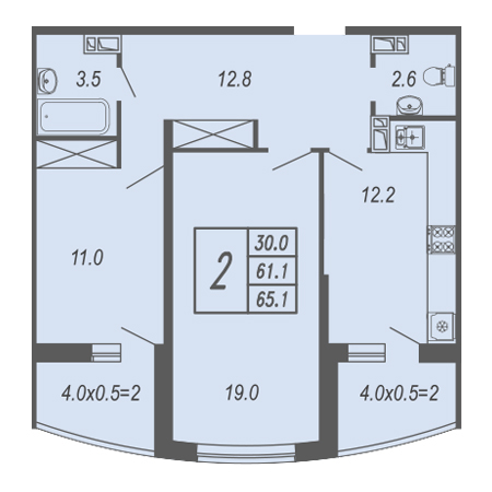 2 комнатная 65.1м²