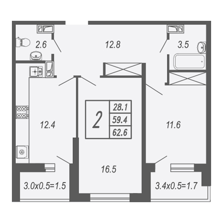 2 комнатная 62.6м²