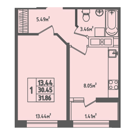 1 комнатная 31.86м²