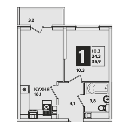 1 комнатная 35.9м²