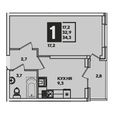 1 комнатная 34.3м²