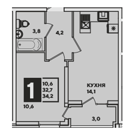 1 комнатная 34.2м²