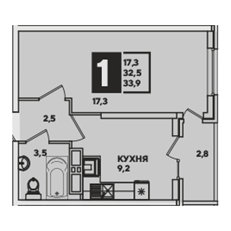 1 комнатная 33.9м²