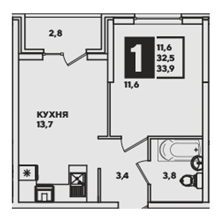 1 комнатная 33.9м²