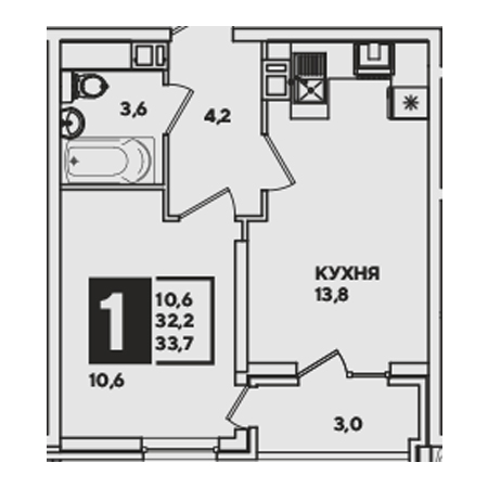 1 комнатная 33.7м²