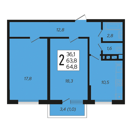 2 комнатная 64.8м²