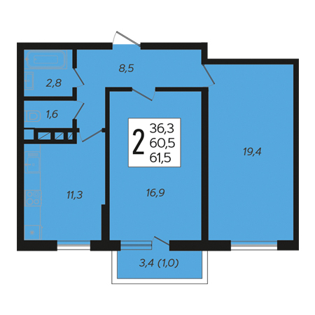 2 комнатная 61.5м²