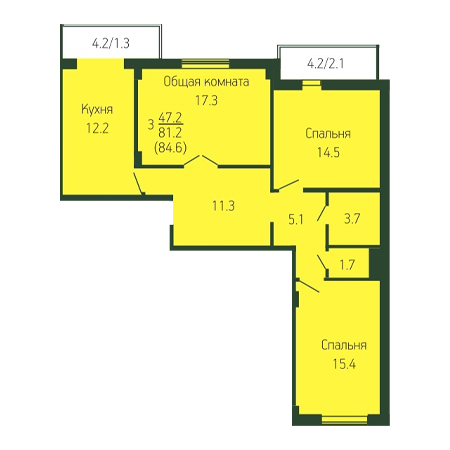 3 комнатная 84.6м²