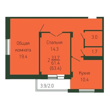 2 комнатная 63.4м²