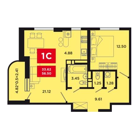 1 комнатная 56.5м²