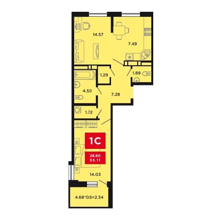 1 комнатная 55.11м²