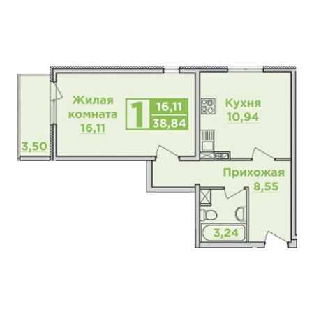 1 комнатная 38.84м²