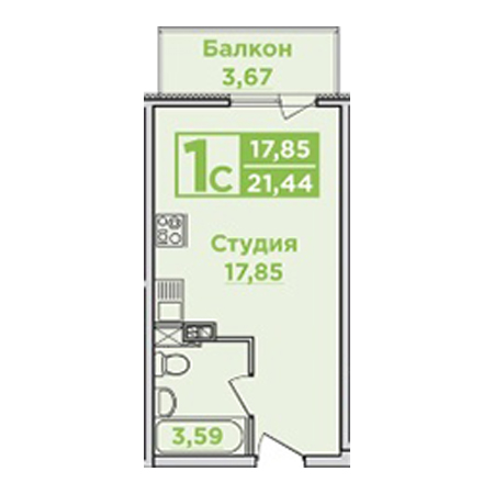 Студия 21.44м²