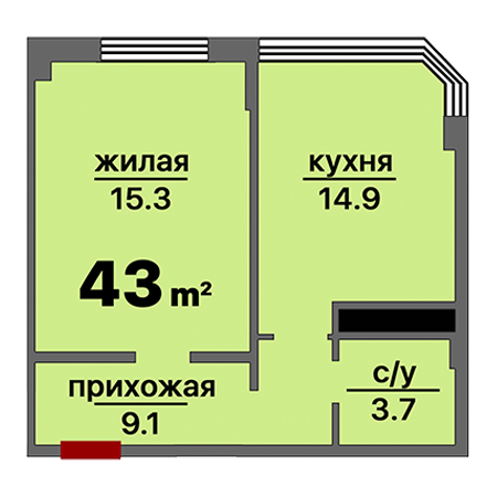 1 комнатная 43м²