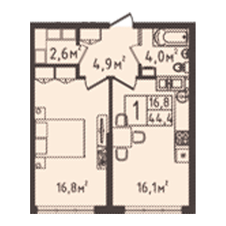 1 комнатная 44.4м²