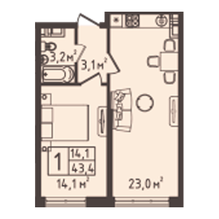 1 комнатная 43.1м²