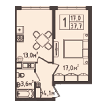 1 комнатная 37.7м²