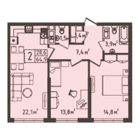 2 комнатная 64.9м²