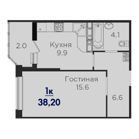 1 комнатная 38.2м²