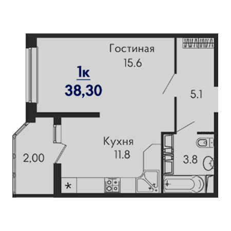 1 комнатная 38.3м²