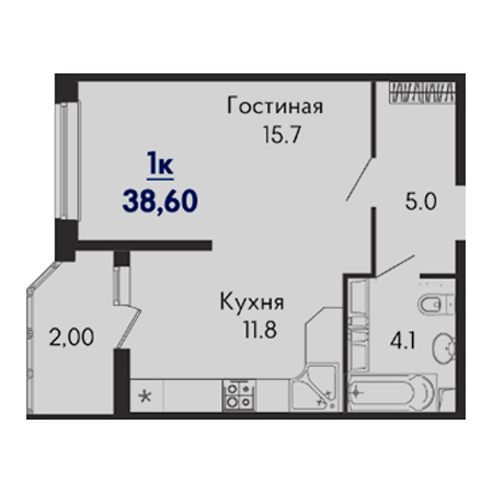 1 комнатная 38.6м²