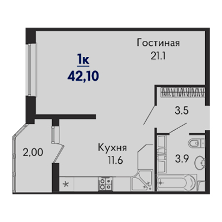 1 комнатная 42.1м²