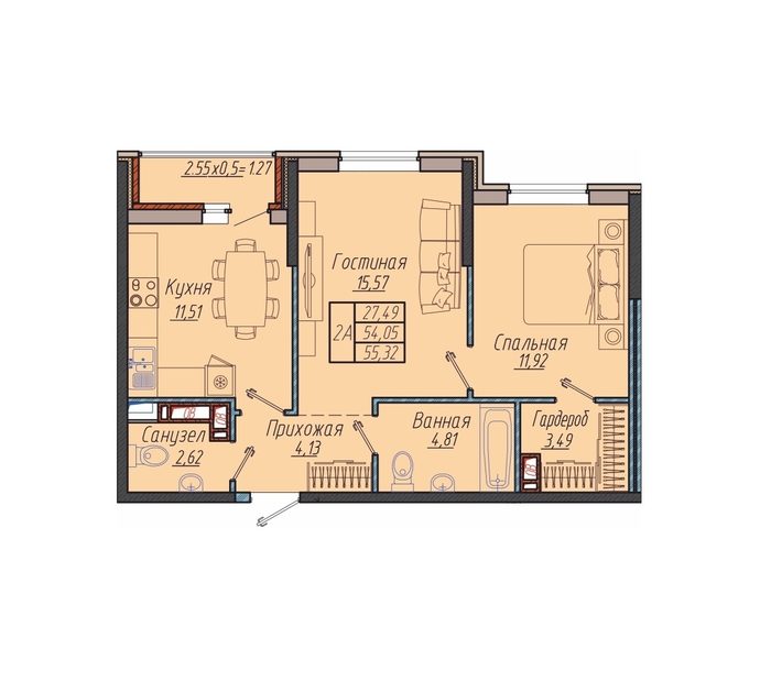 2 комнатная 55.32м²