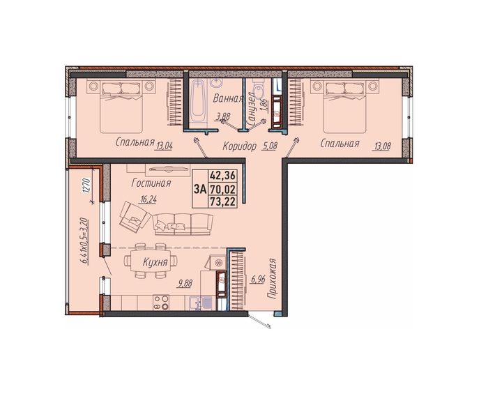 3 комнатная 73.22м²