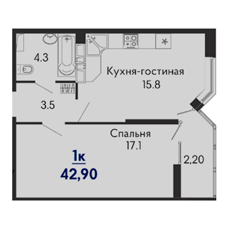 1 комнатная 42.9м²