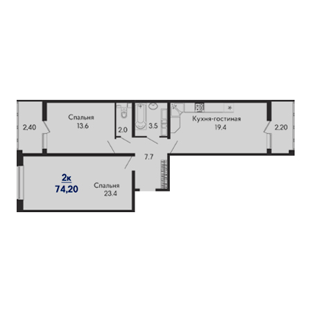 2 комнатная 74.2м²