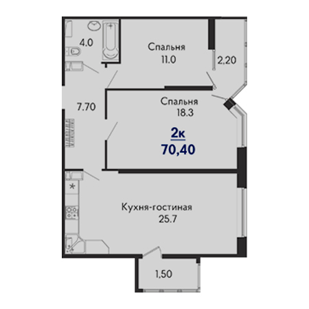 2 комнатная 70.4м²