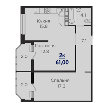 2 комнатная 61м²