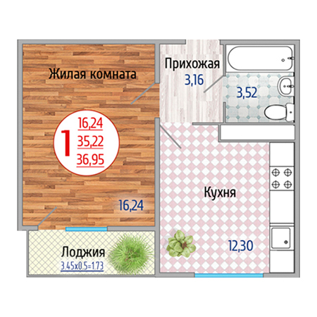 1 комнатная 36.95м²