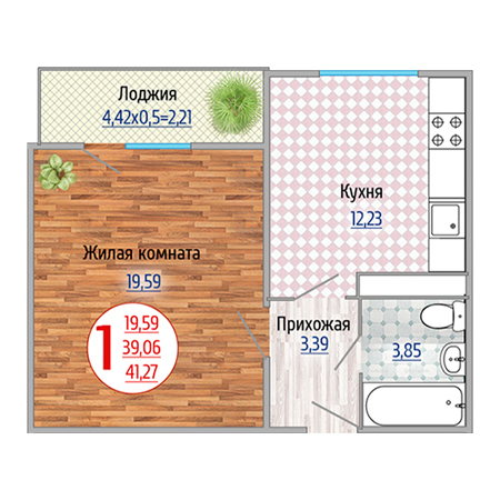 1 комнатная 41.27м²