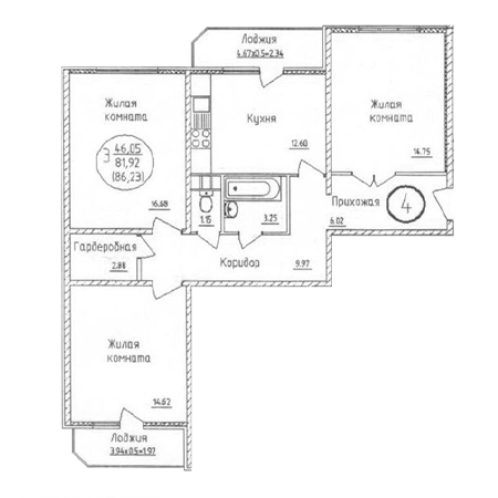 3 комнатная 81.92м²