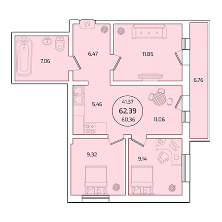 3 комнатная 62.39м²