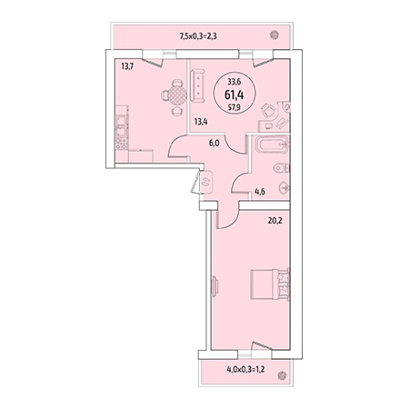 2 комнатная 61.4м²