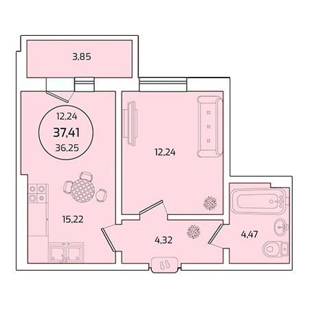 1 комнатная 37.41м²