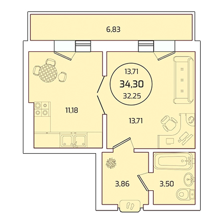 1 комнатная 34.3м²