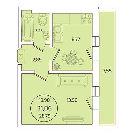 1 комнатная 31.06м²