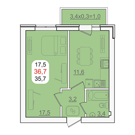 1 комнатная 36.7м²