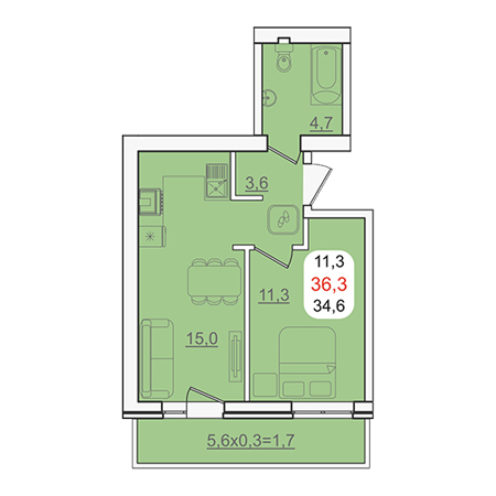 1 комнатная 36.3м²