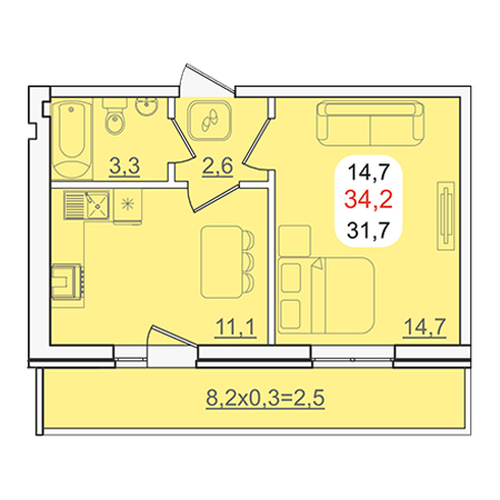 1 комнатная 34.2м²