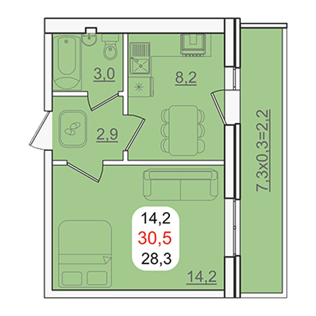 1 комнатная 30.5м²