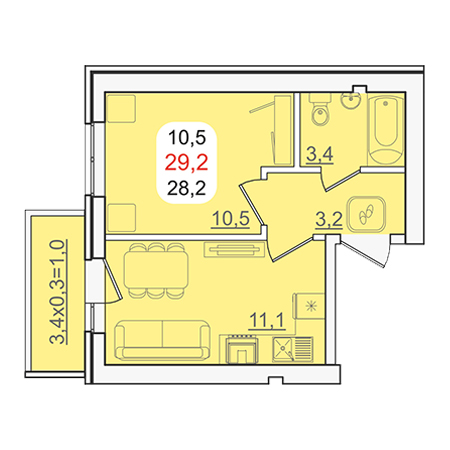 1 комнатная 28.2м²