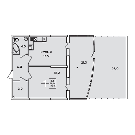 1 комнатная 102.3м²